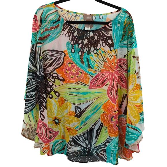 Chicos Top Women Large Sheer Floral Boho Beach Resortwear Vacation Cover Up - Picture 7 of 9